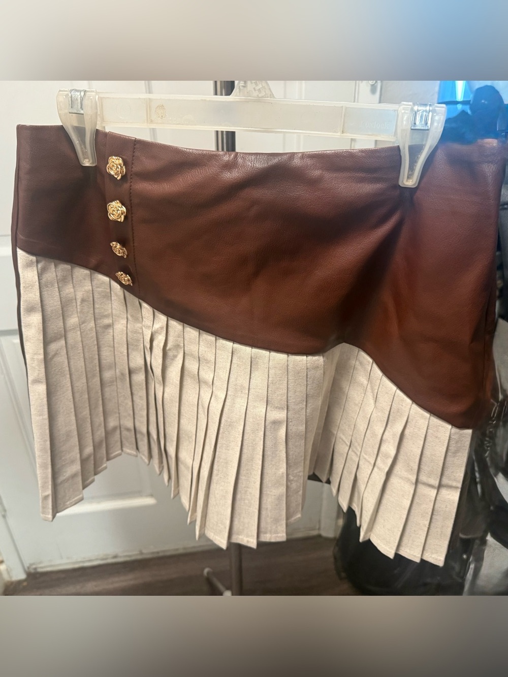 Commense Brown Faux Leather and Cream Pleated Mini Skirt with Gold Buttons